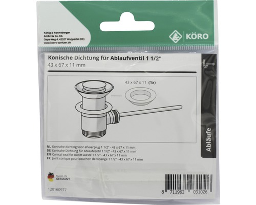 Conische afdichting voor afvoerplug 1 1/2 inch, 43 x 67 x 11 millimeter