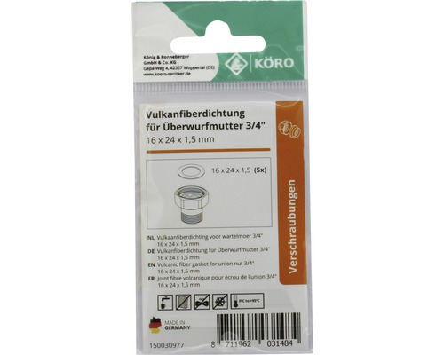 Vulkanfiberdichting voor wartelmoer 3/4 inch, 16x24x1,5 mm