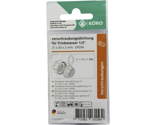 KÖRO Drinkwater schroefdichting 1/2 inch, 21 x 30 x 2 millimeter, EPDM