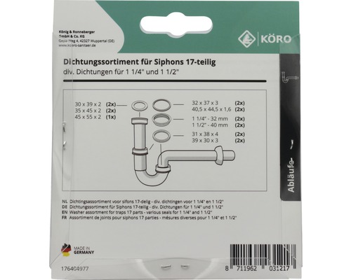 Afvoersifon dichtingsassortiment 17-delig met diverse afdichtingen voor 1 1/4 inch en 1 1/2 inch
