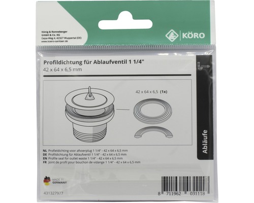 Profielafdichting voor afvoerplug 1 1/4 inch, afmeting 42 x 64 x 6,5 mm