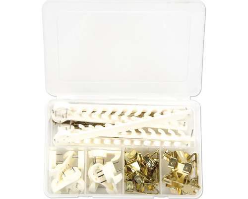 Assortiment van diverse fotolijsthaken en ophangers in transparante kunststof doos