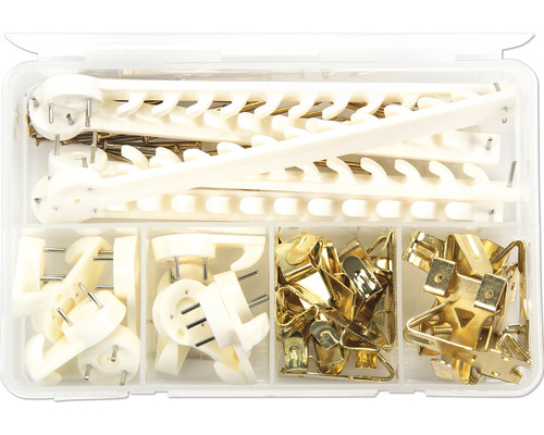 Assortiment met fotolijsthaken en hangers in een transparante opbergdoos