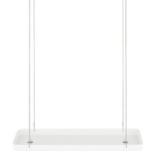 Witte hanglamp met rechthoekig design en draadophanging.