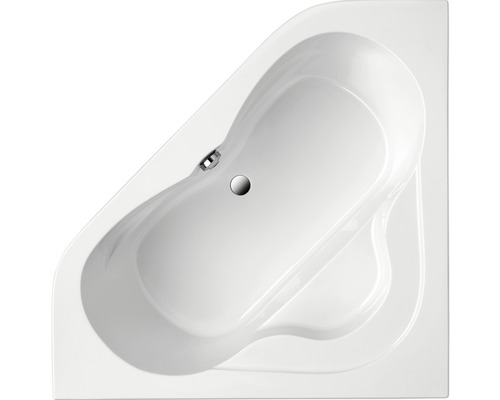 Foto van een wit hoekbad van bovenaf met afvoer