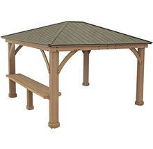 Houten tuinpaviljoen met metalen dak en geïntegreerde zitbank