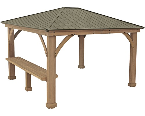 Houten tuinpaviljoen met metalen dak en geïntegreerde zitbank