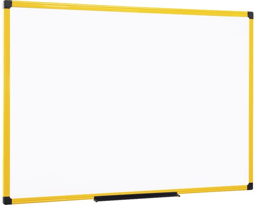 Wit whiteboard met geel frame en stiftenhouder