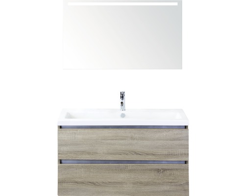 SANOX Badkamermeubelset greeploos Vogue met LED lichtspiegel en wastafel met één kraangat 101 cm grijs eiken SANOX Badkamermeubelset greeploos Vogue met LED lichtspiegel en wastafel met één kraangat 101 cm grijs eiken