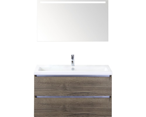 SANOX Badkamermeubelset greeploos Vogue met LED lichtspiegel en wastafel met één kraangat 101 cm tabacco SANOX Badkamermeubelset greeploos Vogue met LED lichtspiegel en wastafel met één kraangat 101 cm tabacco