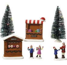 Kerstmarktscène met kraampjes, bomen en figuren