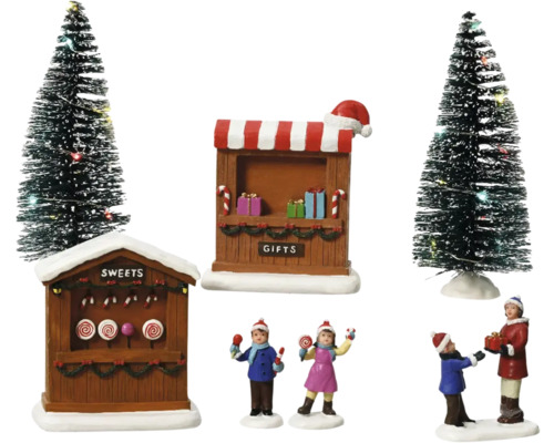 Kerstmarktscène met kraampjes, bomen en figuren