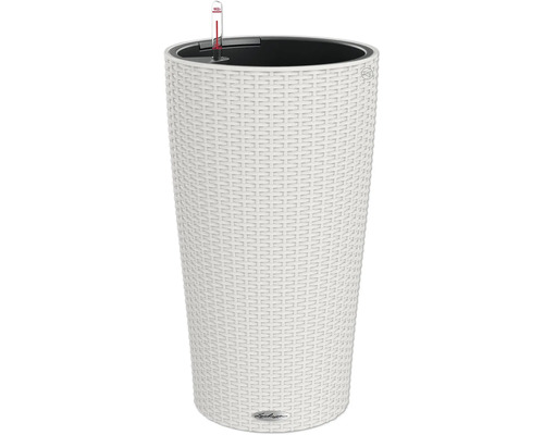 LECHUZA All-in-One Set Bloempot Cottage Cilindro Kunststof wit Ø 23 cm H 41 cm Hoge plantenbak met irrigatiesysteem en gevlochten look