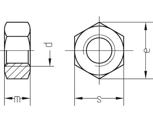 Technische tekening van een zeskantmoer met afmetingen