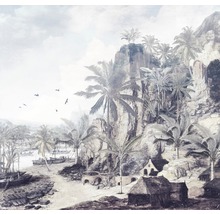 Fotobehang met een kustlandschap met palmbomen, rotsen, huizen en boten