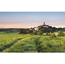 Landschap met groene weide en klooster op een heuvel