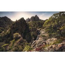 Landschap met bergmassief, waterval en vegetatie