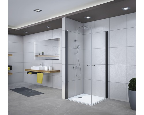 BREUER Douchecabine hoekinstap Elana zwart 90x90 cm chinchilla helder Badkamer met douchecabine, wastafel en spiegel
