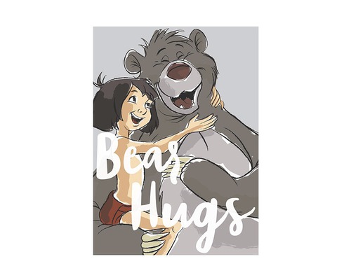 Illustratie van Mowgli en Baloe die elkaar omhelzen, met de tekst Berenknuffels.