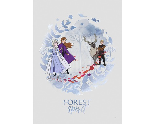 Illustratie van Anna, Elsa, Kristoff en rendier Sven uit de film Frozen II, met de tekst Woudgeest