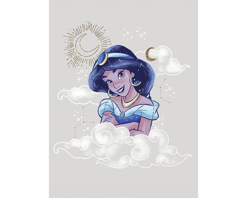 Illustratie van Jasmine uit de film Aladdin, omgeven door wolken en manen