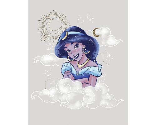 Illustratie van prinses Jasmine omgeven door wolken, halve manen en sterrenbeelden
