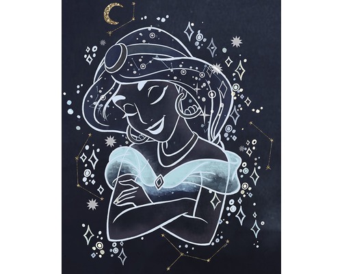 Illustratie van een lachende Jasmine met sterrenbeelden