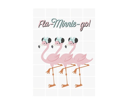 Illustratie van drie flamingo''s met strikken en het opschrift Fla-Minnie-Go!