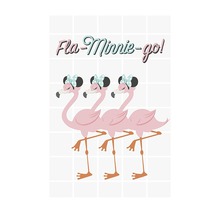 Illustratie met drie flamingo''s met strikken en de tekst Fla-Minnie-go!
