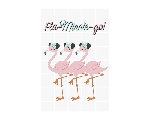 Illustratie met drie flamingo''s met strikken en de tekst Fla-Minnie-go!