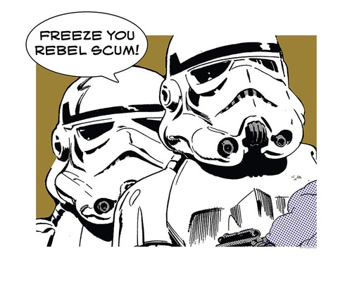 Afdruk van twee Stormtroopers met de tekst Freeze You Rebel Scum