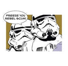 Illustratie van twee Stormtroopers met de tekstballon ''Freeze you rebel scum!''