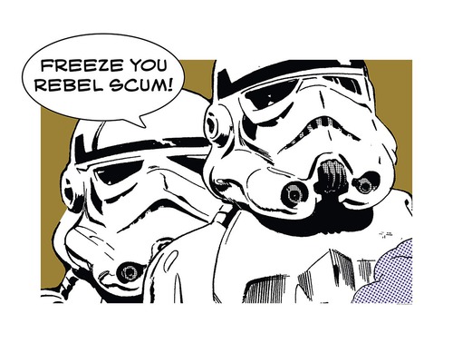 Illustratie van twee Stormtroopers met de tekstballon ''Freeze you rebel scum!''