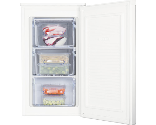 Vriezer met open laden en etenswaren