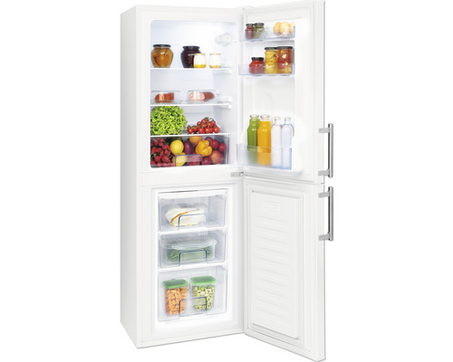 Geopende witte koelkast gevuld met voedingsmiddelen