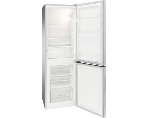 Geopende koelkast met vriesvak, voorzien van planken en lades