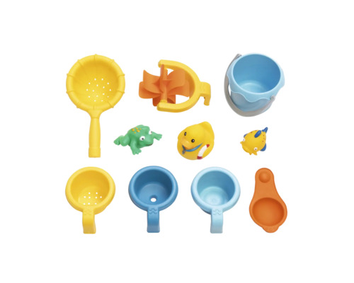 Bad speelgoed set met emmer, zeef, maatbeker, waterrad en dierfiguren