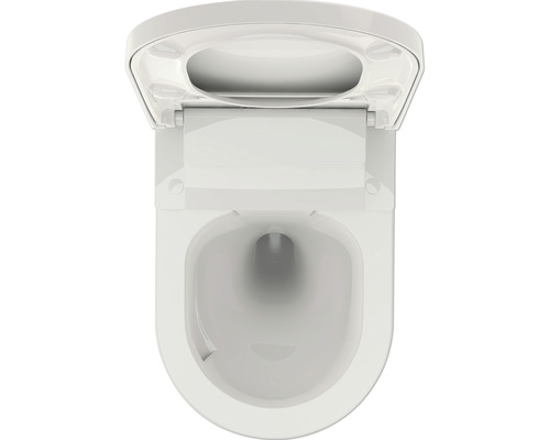 Bovenaanzicht van een wandhangend toilet met open toiletdeksel.