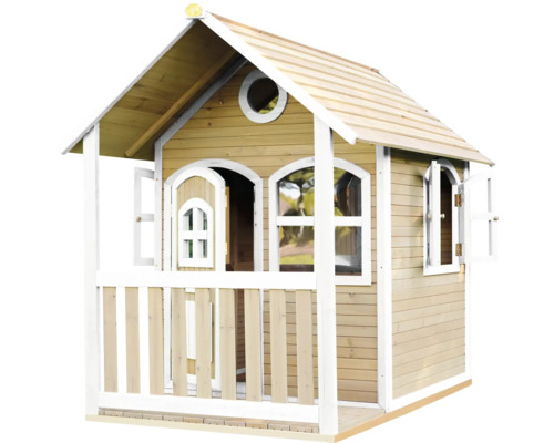 Houten speelhuis met veranda, ramen en deur