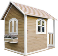 Houten speelhuis met ramen en bloembak