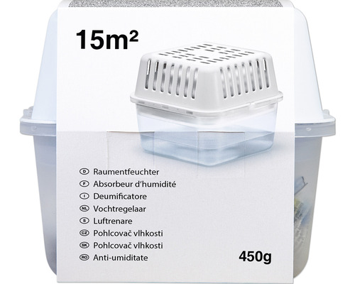 Vochtabsorber met een capaciteit van 15 vierkante meter en een gewicht van 450 gram