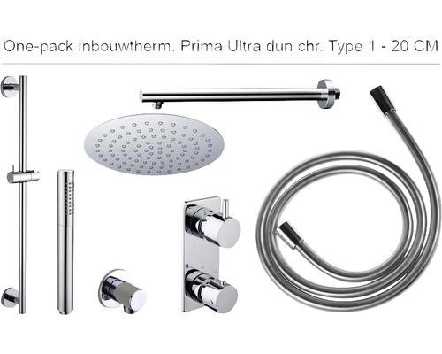 Complete inbouw doucheset One-pack Prima ultra flat Ø20 cm chroom - model 1 Doucheset met ééngreeps mengkraan, hoofd-, handdouche en doucheslang