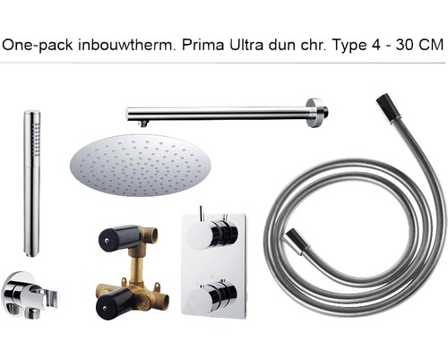 Complete inbouw doucheset One-pack Prima ultra flat Ø30 cm chroom - model 4 Douchegarnituurset met hoofddouche, handdouche, doucheslang en thermostaat