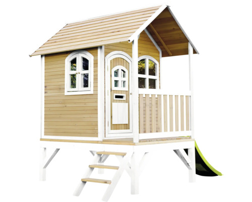 Houten speelhuis met veranda, glijbaan en trap