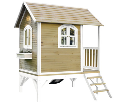 Houten speelhuis met ramen en trap