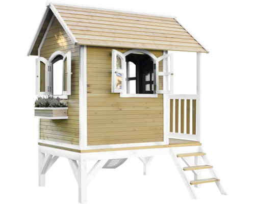 Houten speelhuis met trap, ramen en bloembak