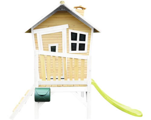 Houten speelhuis met glijbaan, trap en brievenbus