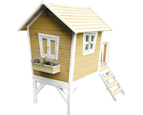 Houten speelhuis met ramen, trap en plantenbak