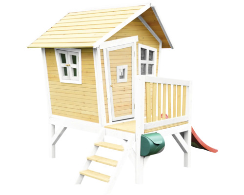 Houten speelhuis met glijbaan, trap en brievenbus