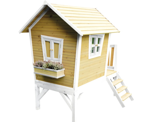 Houten speelhuis met ramen, trap en bloembak